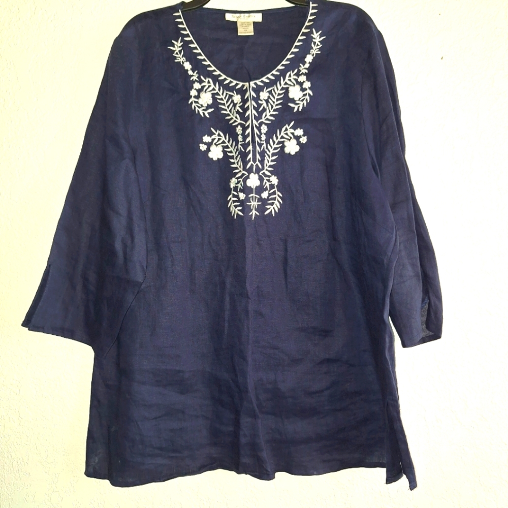 SUSAN BRISTOL Embroidered Neck Tunic Top Women's 1X Blue 100% Linen Minimalist - Picture 1 of 9